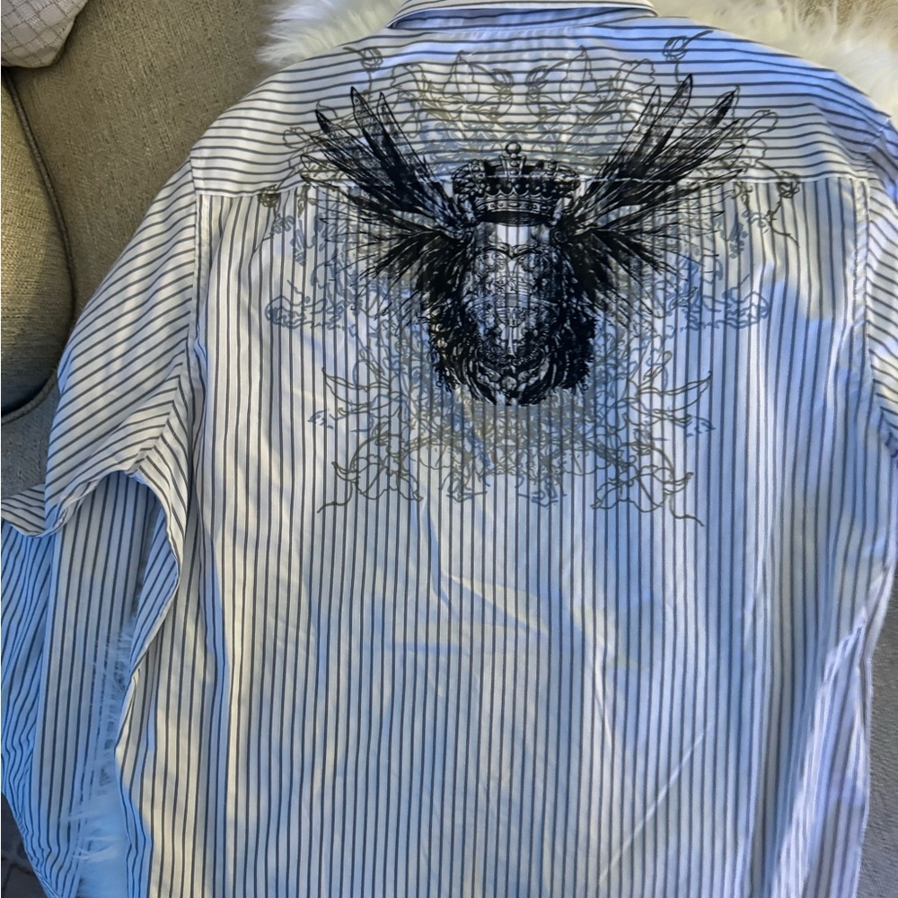 Stylish Level Ten Crown & Wing Graphics Long Sleeve Metal Buttoned casual shirt